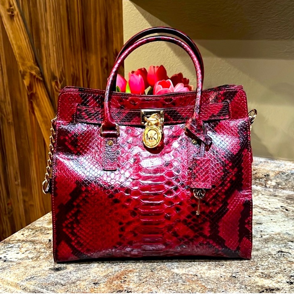 EUC Like New! MICHAEL KORS Collection Hamilton Lrg Red Python Embossed Tote Bag